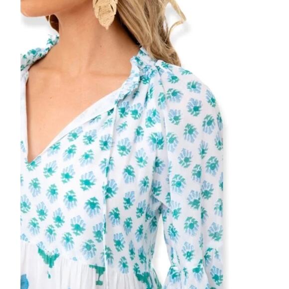 Oliphant Provence Blue Printed Balloon Sleeve Mini Long sleeve Dress Size Medium - Picture 2 of 3